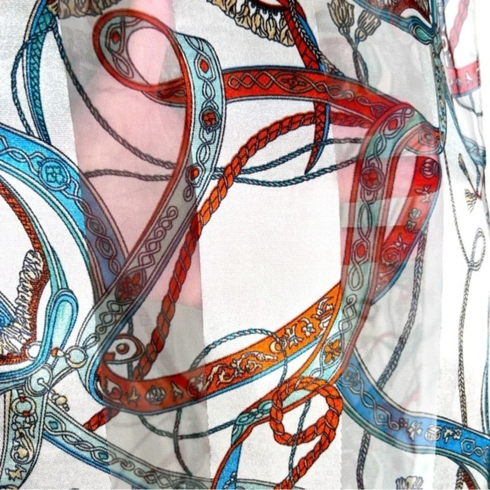 Satin & Sheer Ivory Rust & Blue Printed Scarf Ascot Hair Wrap